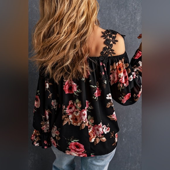 Women's Black Floral Lace Cold-Shoulder Flounce Sleeve Blouse - Picture 3 of 5